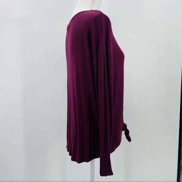 14th & Union Long Sleeve Top Ribbed Burgundy Fig Button Tie Front Medium P - Picture 9 of 9